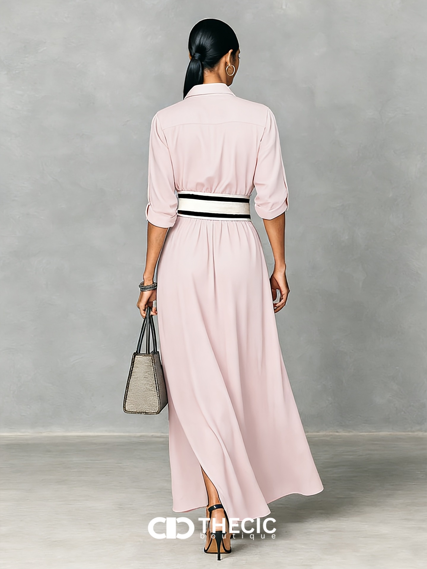 Collared Roll-Up Sleeve Belted Split Hem Maxi Dress