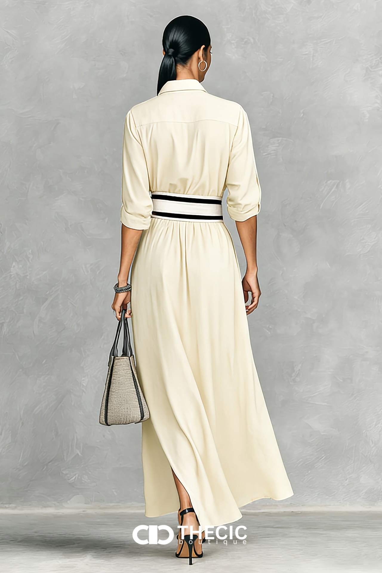 Collared Roll-Up Sleeve Belted Split Hem Maxi Dress