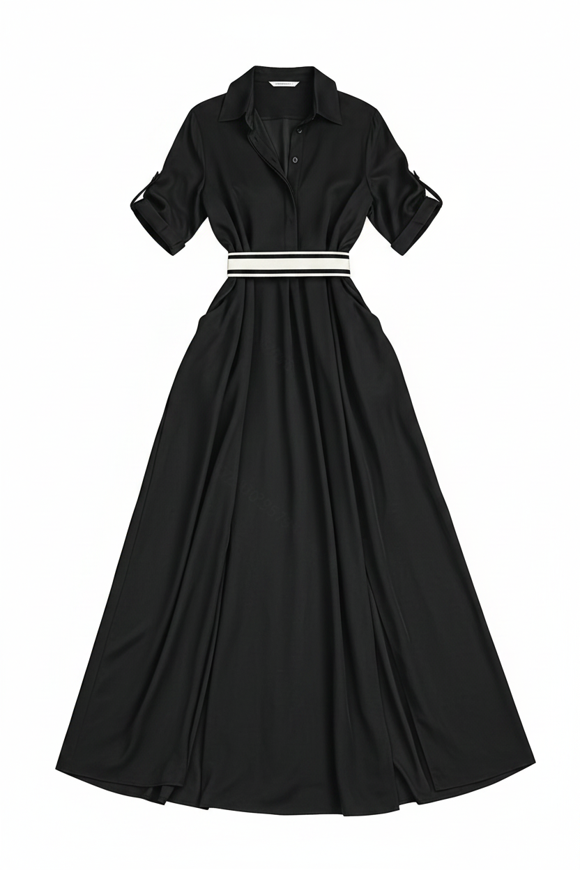 Collared Roll-Up Sleeve Belted Split Hem Maxi Dress