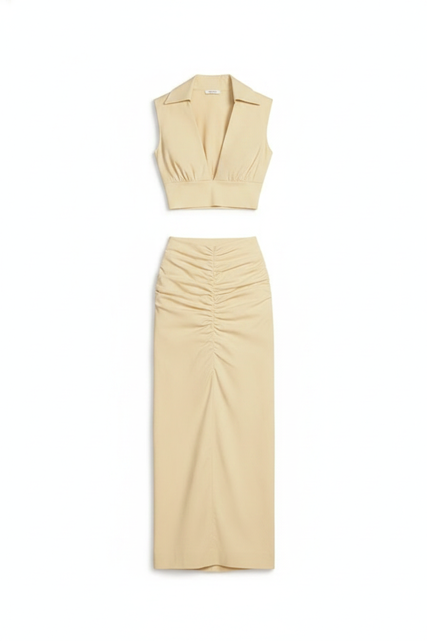 Collared V-Neck Crop Top Ruched Maxi Skirt Two-Piece Set