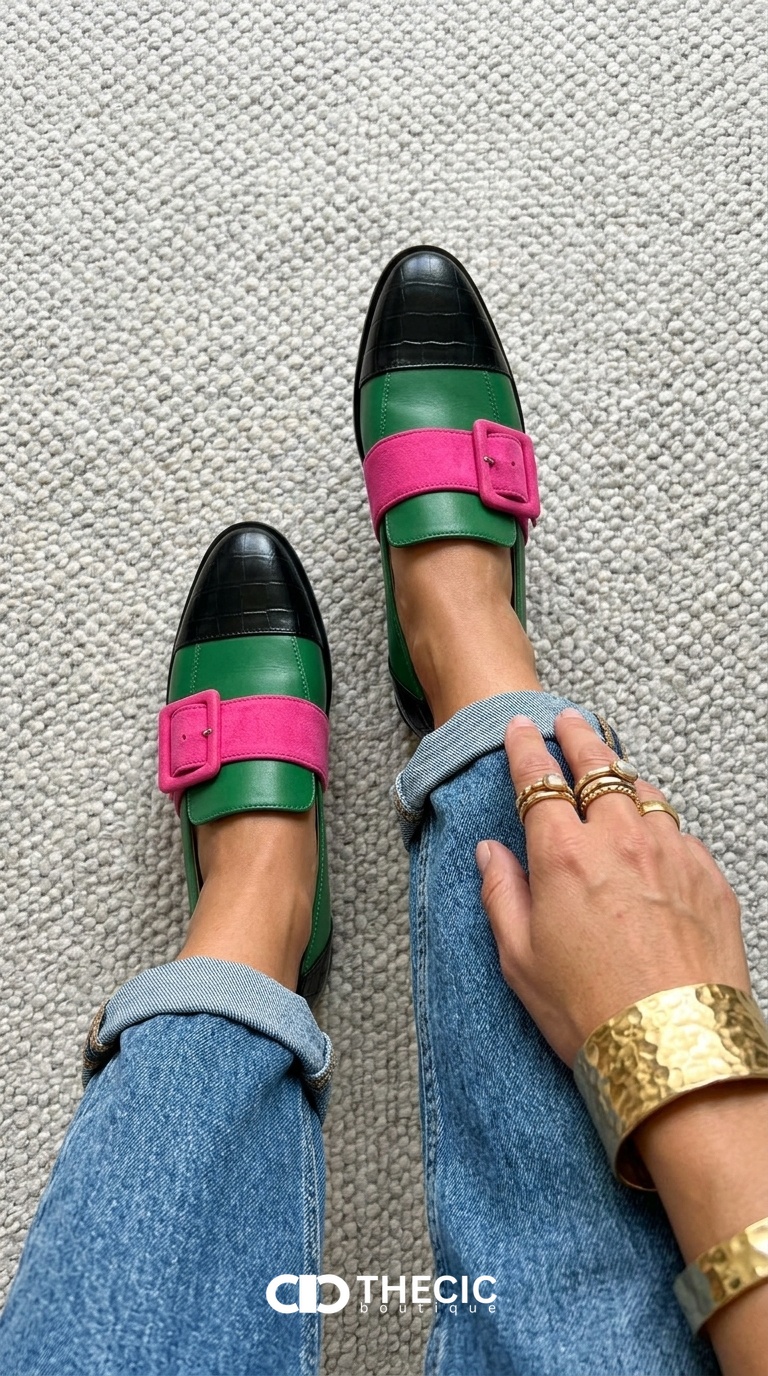 Color Block Buckle Strap Pointed-Toe Loafers