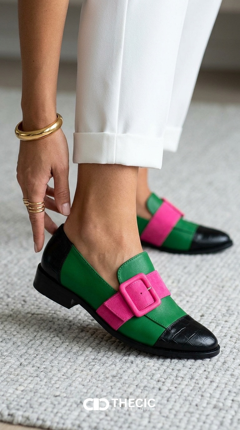 Color Block Buckle Strap Pointed-Toe Loafers