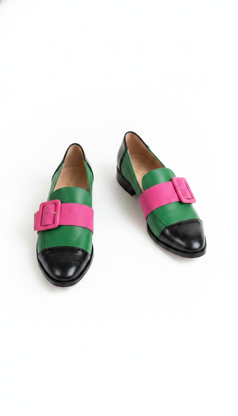 Color Block Buckle Strap Pointed-Toe Loafers
