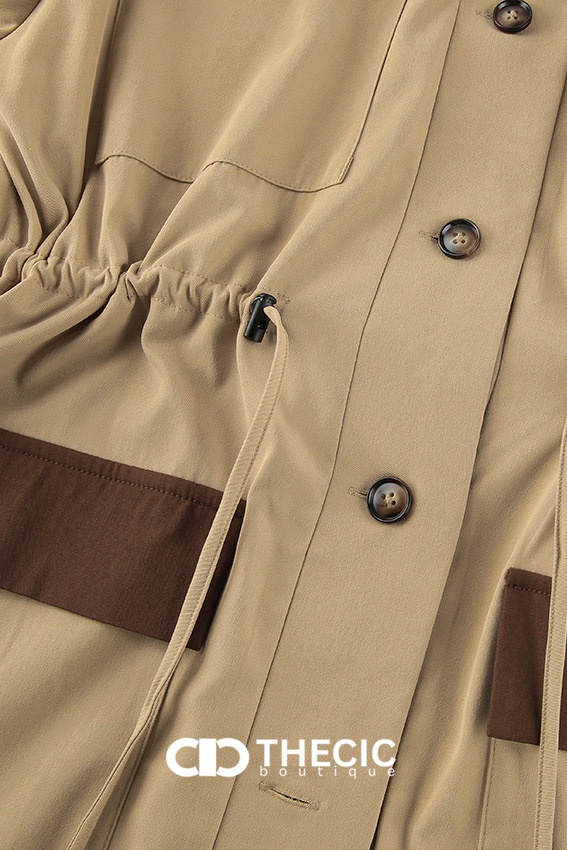 Color-Block Drawstring Waist Long Trench Coat