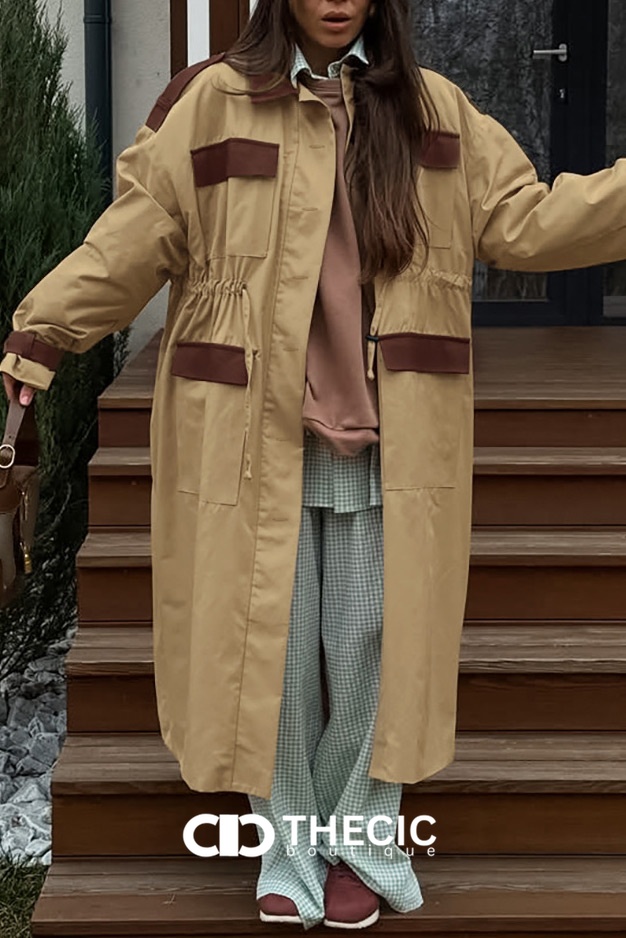 Color-Block Drawstring Waist Long Trench Coat