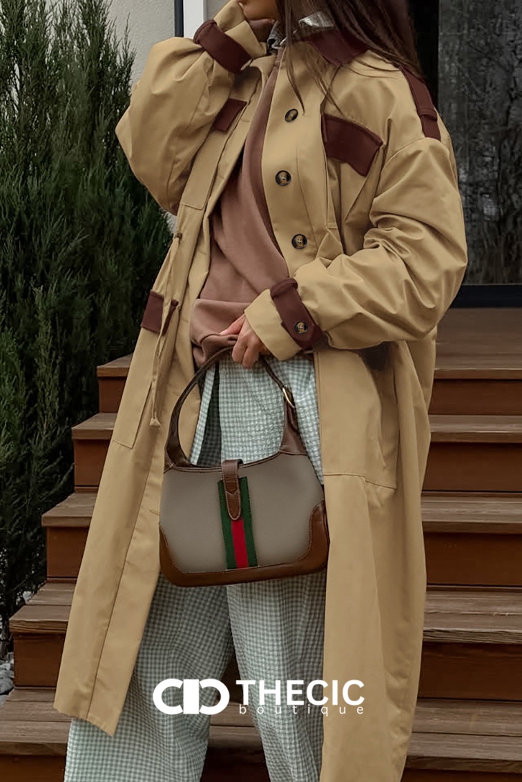 Color-Block Drawstring Waist Long Trench Coat
