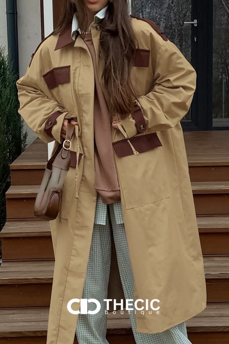 Color-Block Drawstring Waist Long Trench Coat