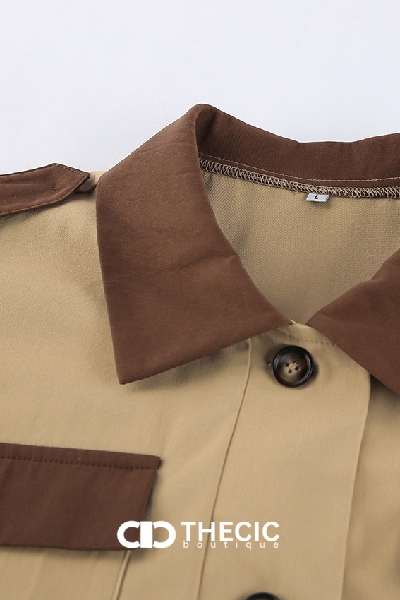 Color-Block Drawstring Waist Long Trench Coat