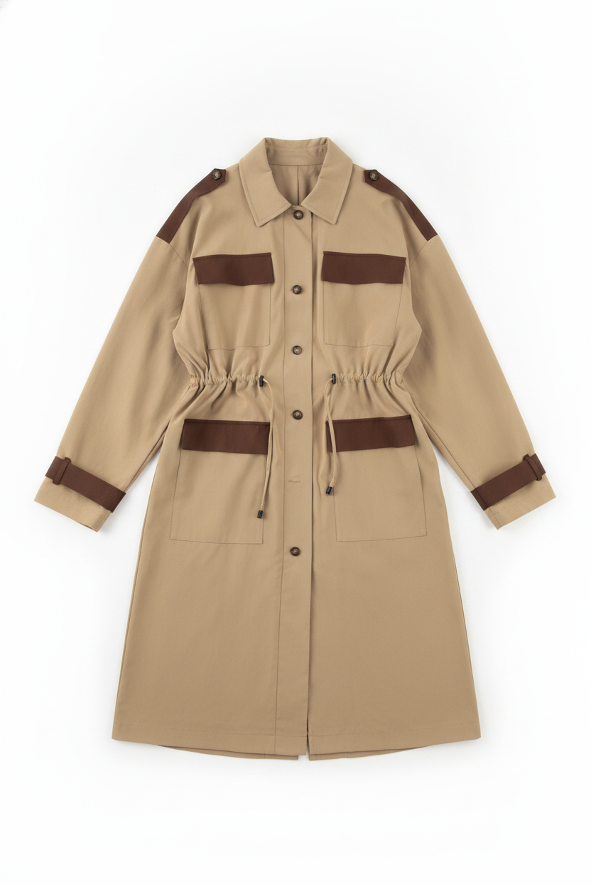 Color-Block Drawstring Waist Long Trench Coat