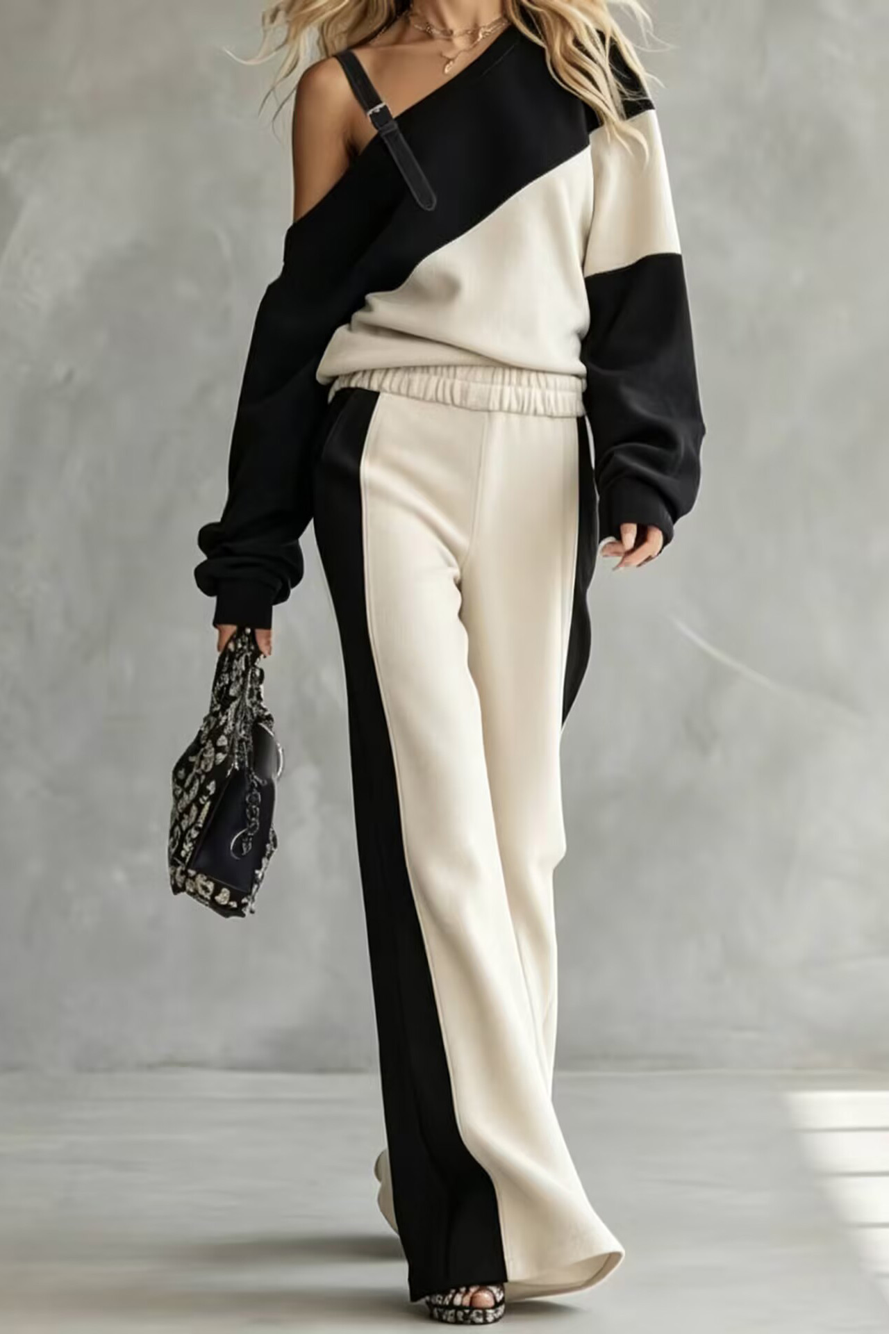 Color Block Off-Shoulder Wide-Leg Two-Piece Set