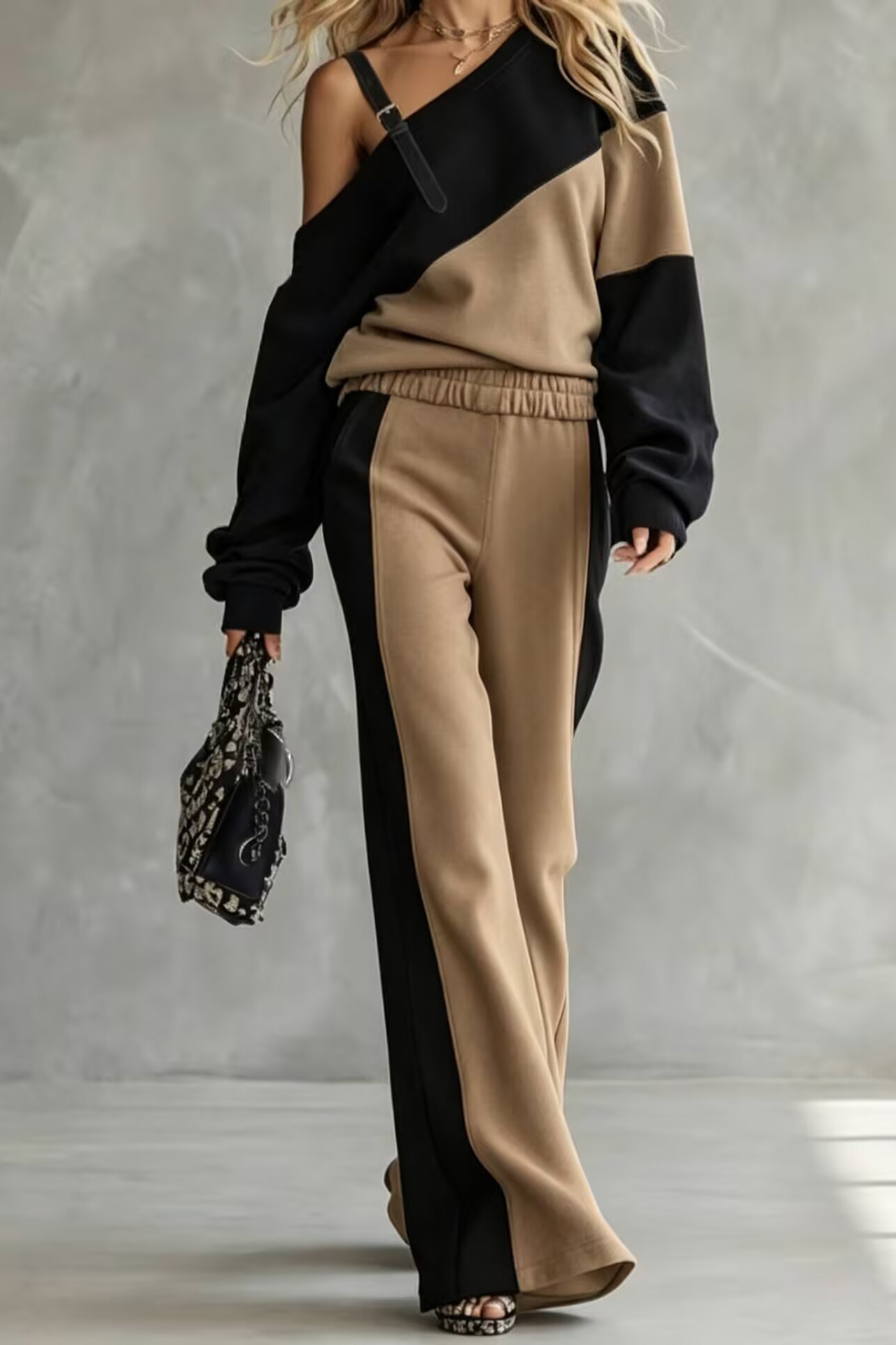 Color Block Off-Shoulder Wide-Leg Two-Piece Set