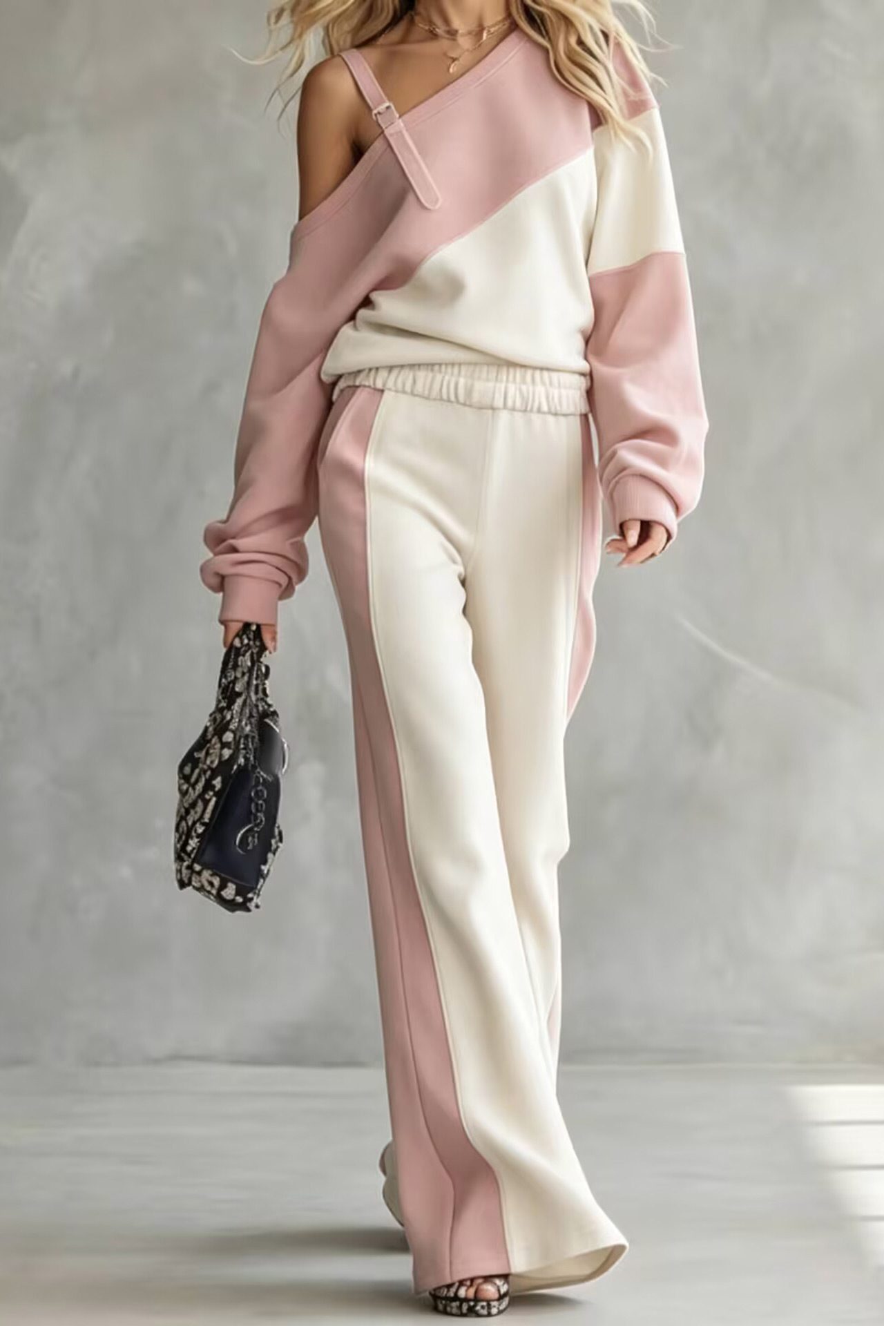 Color Block Off-Shoulder Wide-Leg Two-Piece Set