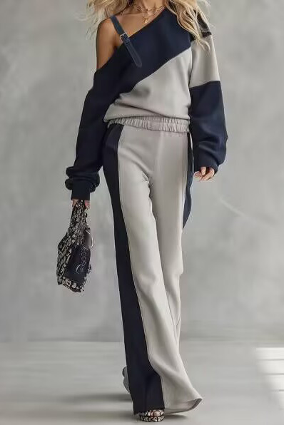 Color Block Off-Shoulder Wide-Leg Two-Piece Set