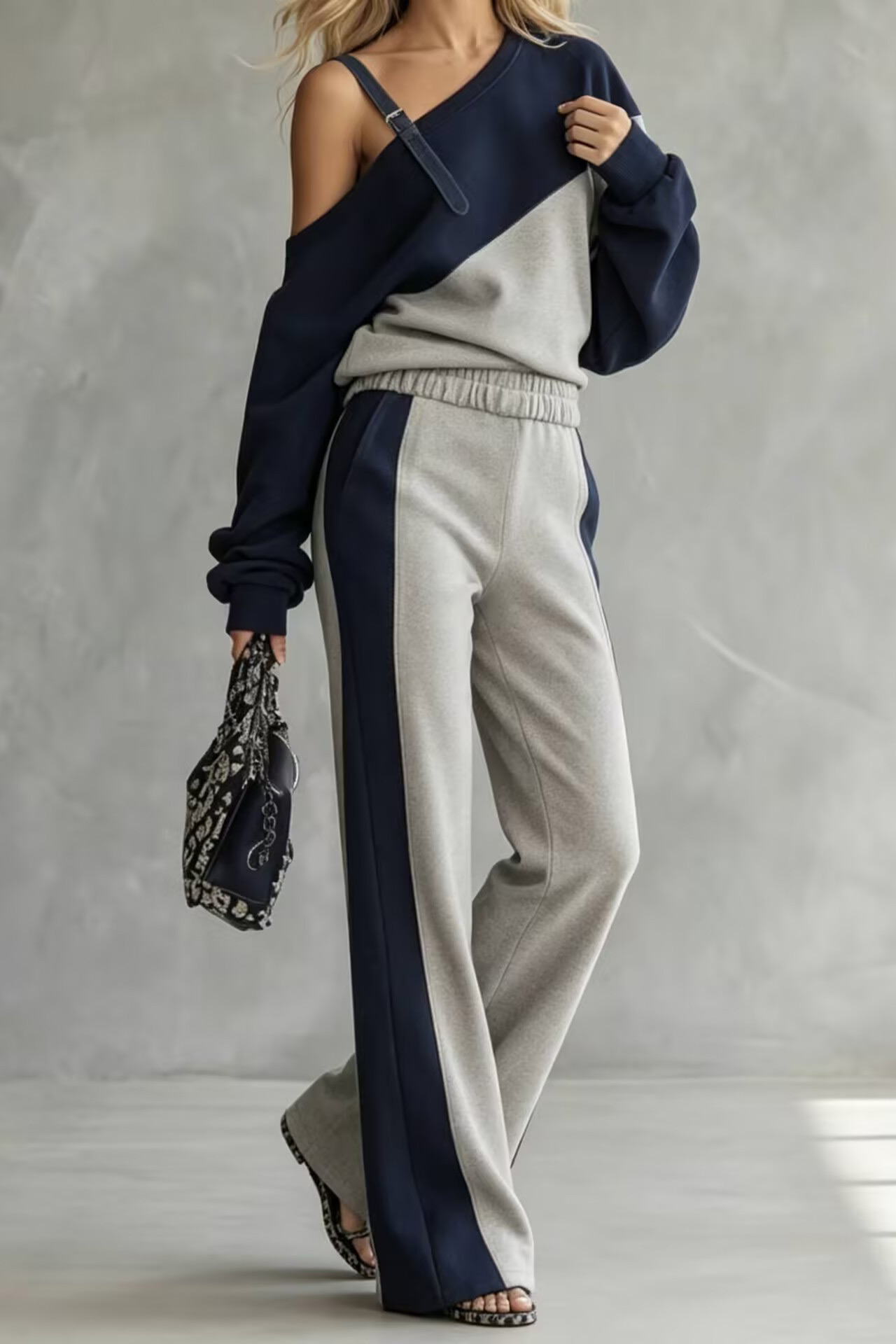 Color Block Off-Shoulder Wide-Leg Two-Piece Set