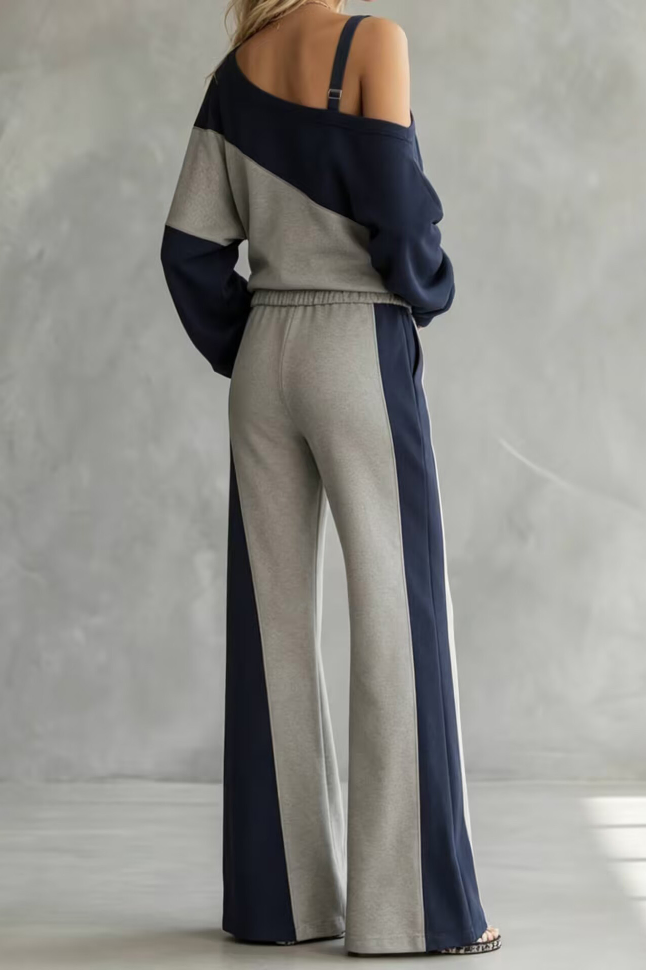 Color Block Off-Shoulder Wide-Leg Two-Piece Set