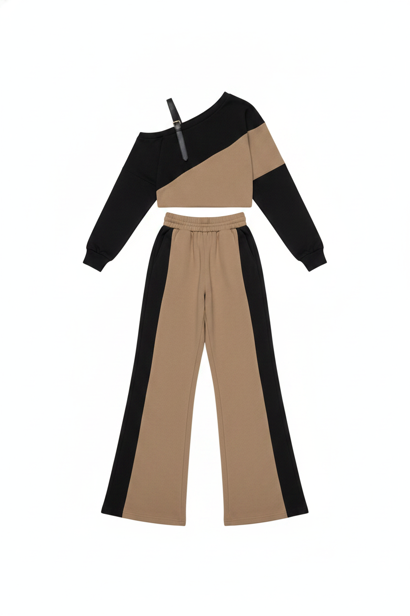 Color Block Off-Shoulder Wide-Leg Two-Piece Set