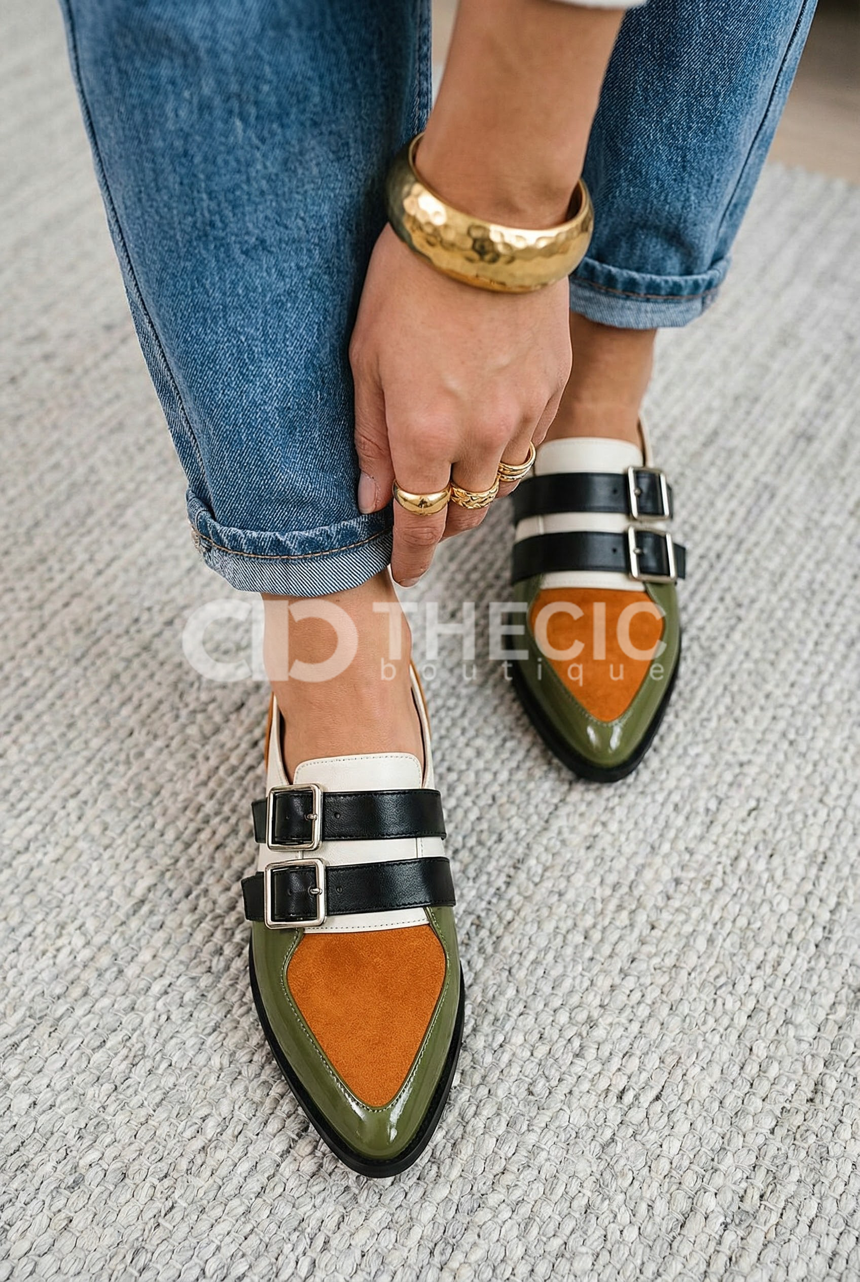 Color-Block Pointed-Toe Buckle Strap Leather Flats