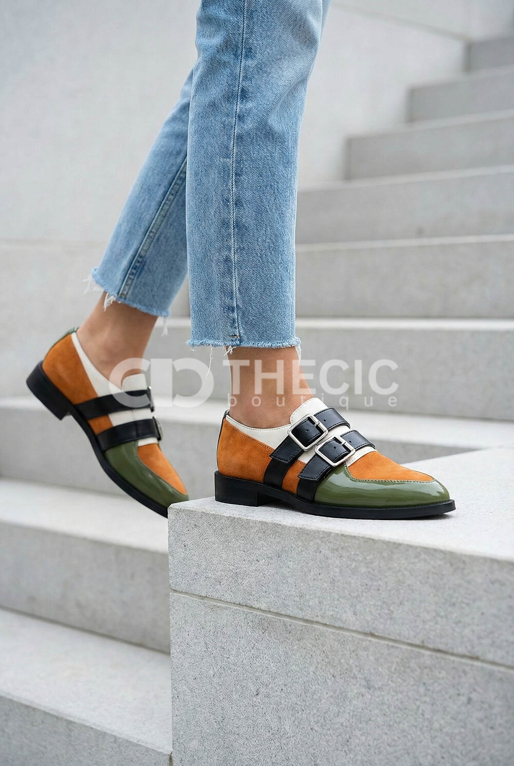 Color-Block Pointed-Toe Buckle Strap Leather Flats