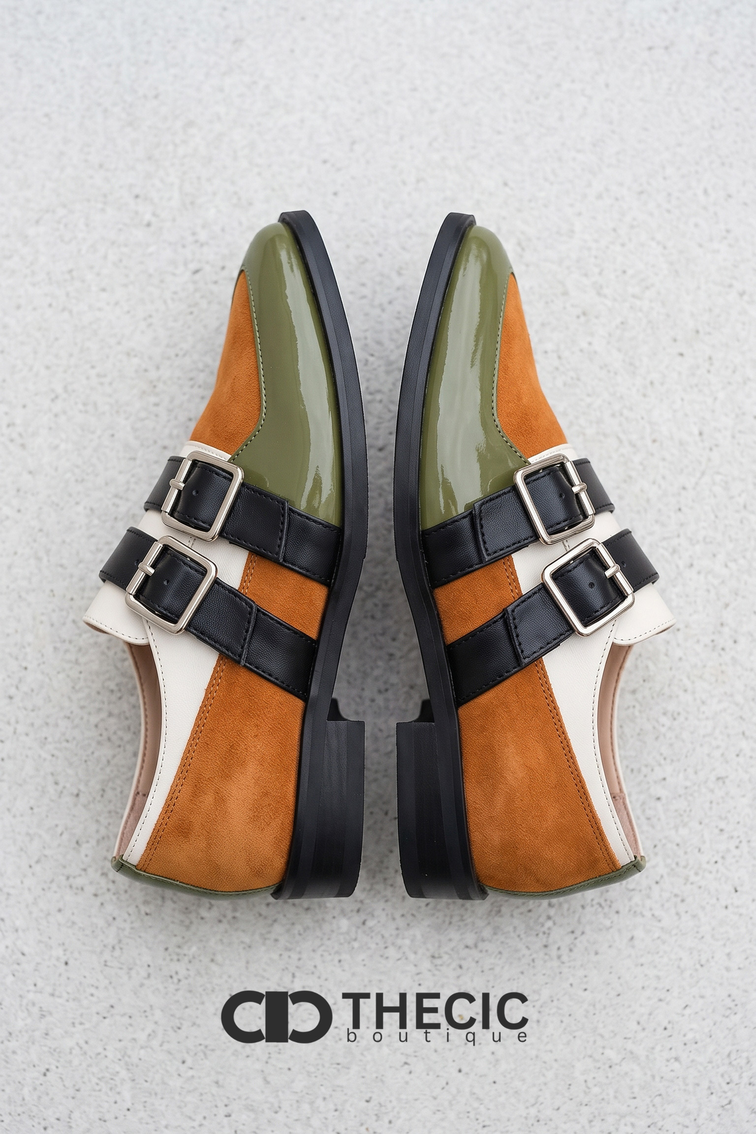 Color-Block Pointed-Toe Buckle Strap Leather Flats