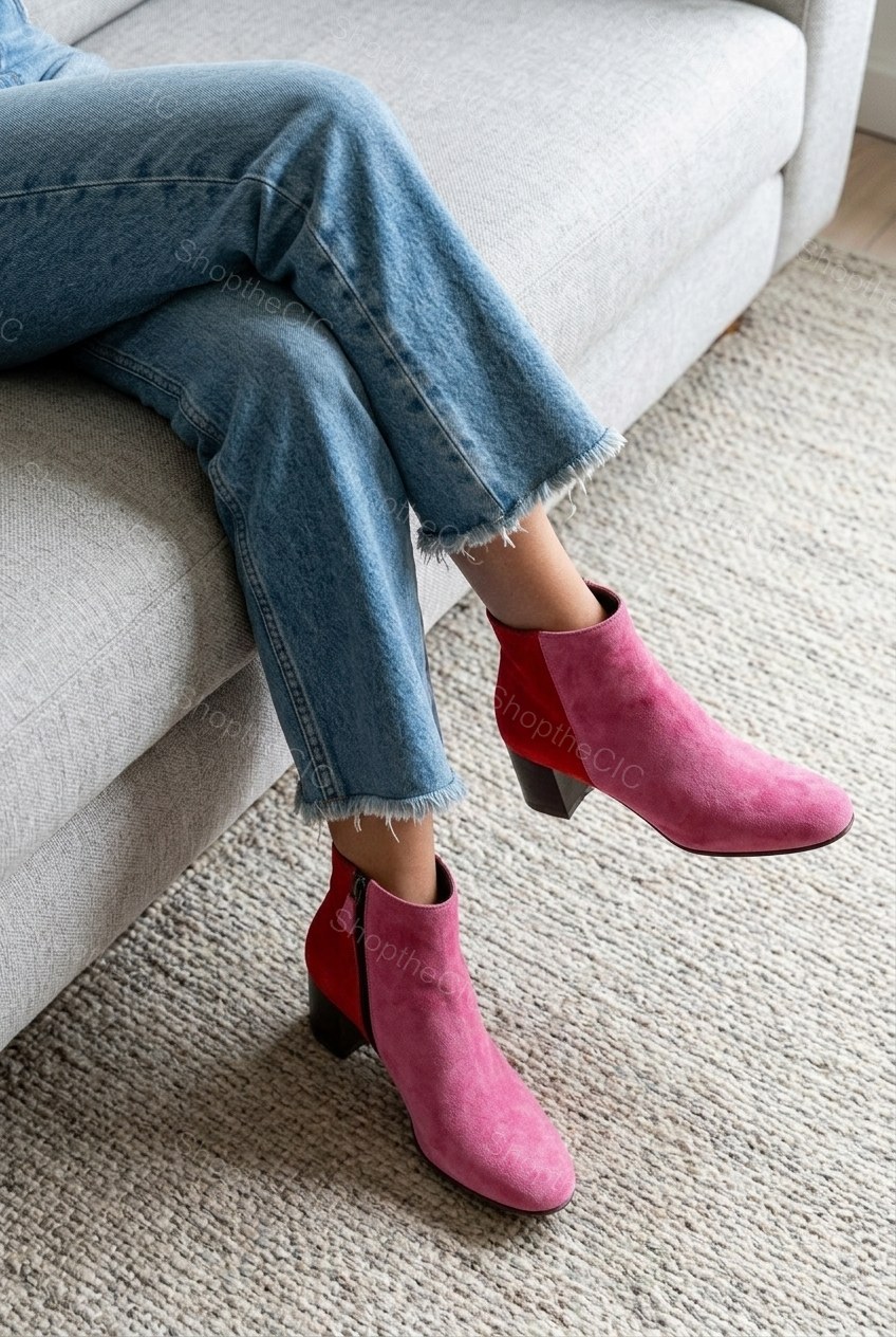 Colorblock Suede Block Heel Ankle Boots