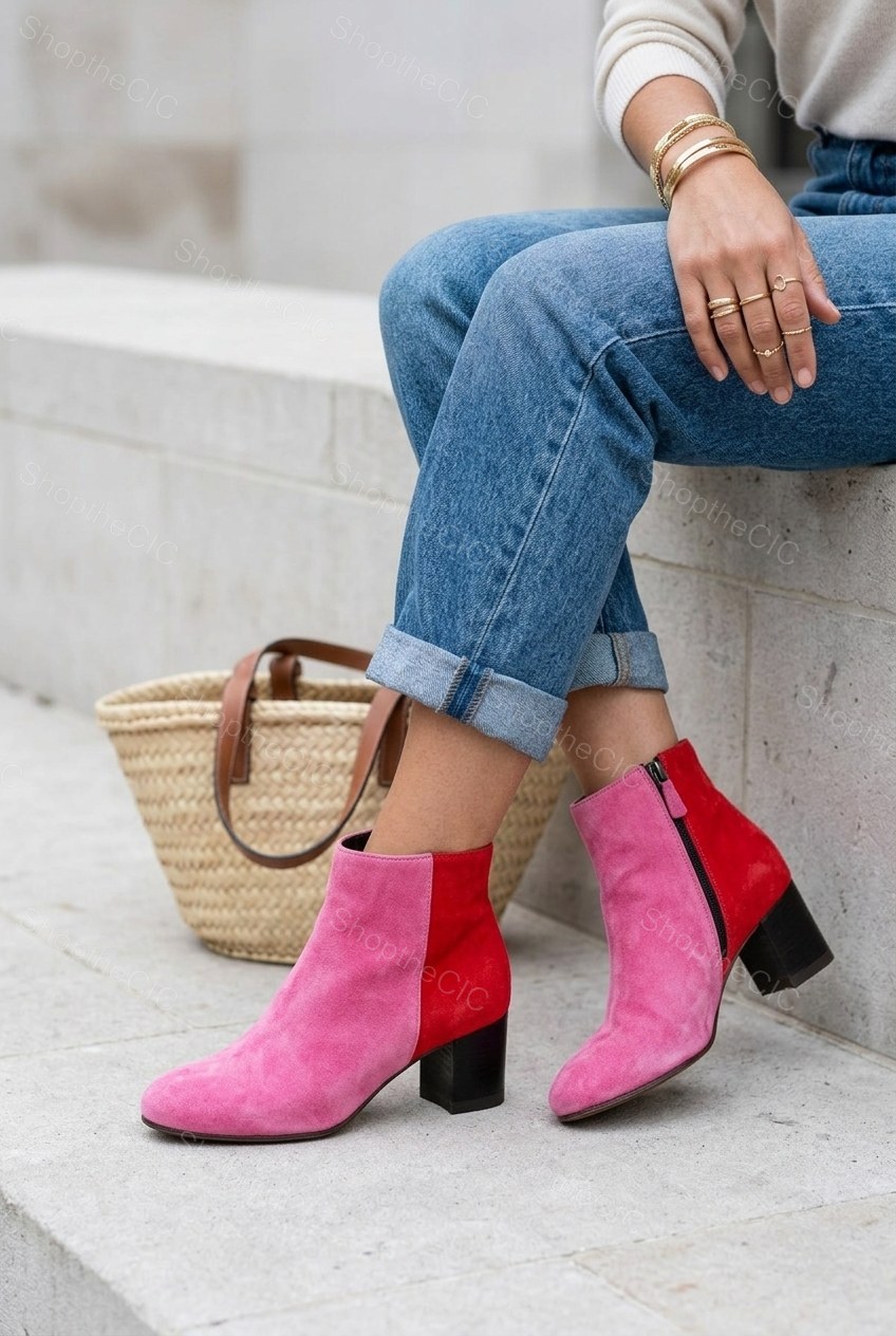 Colorblock Suede Block Heel Ankle Boots