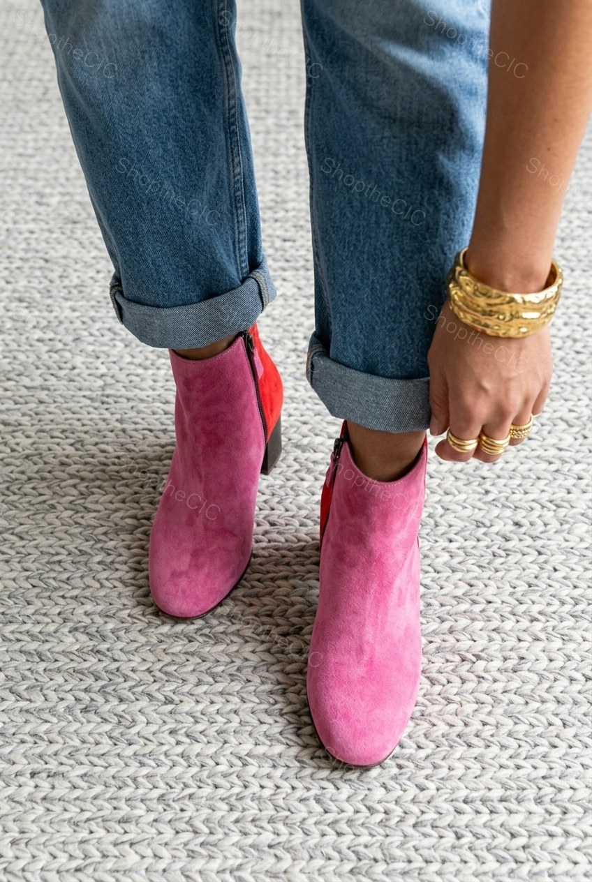 Colorblock Suede Block Heel Ankle Boots