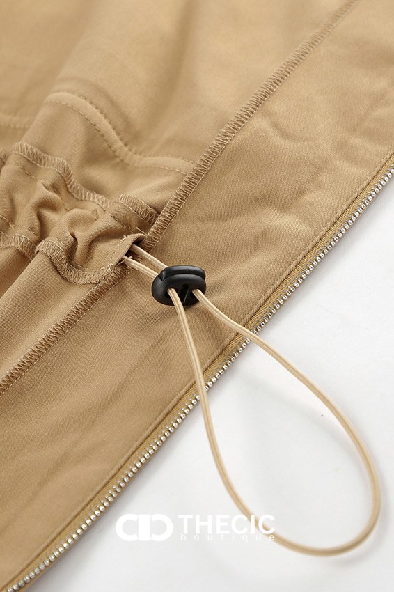 Contrast Collar Drawstring Waist Utility Jacket