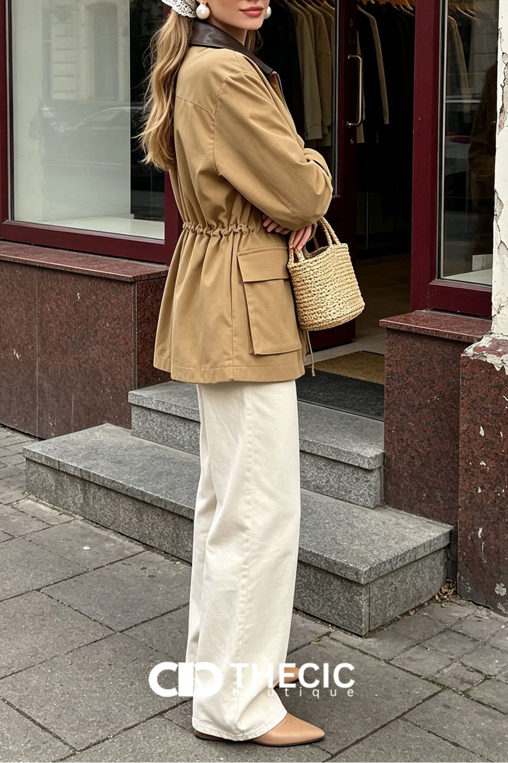 Contrast Collar Drawstring Waist Utility Jacket