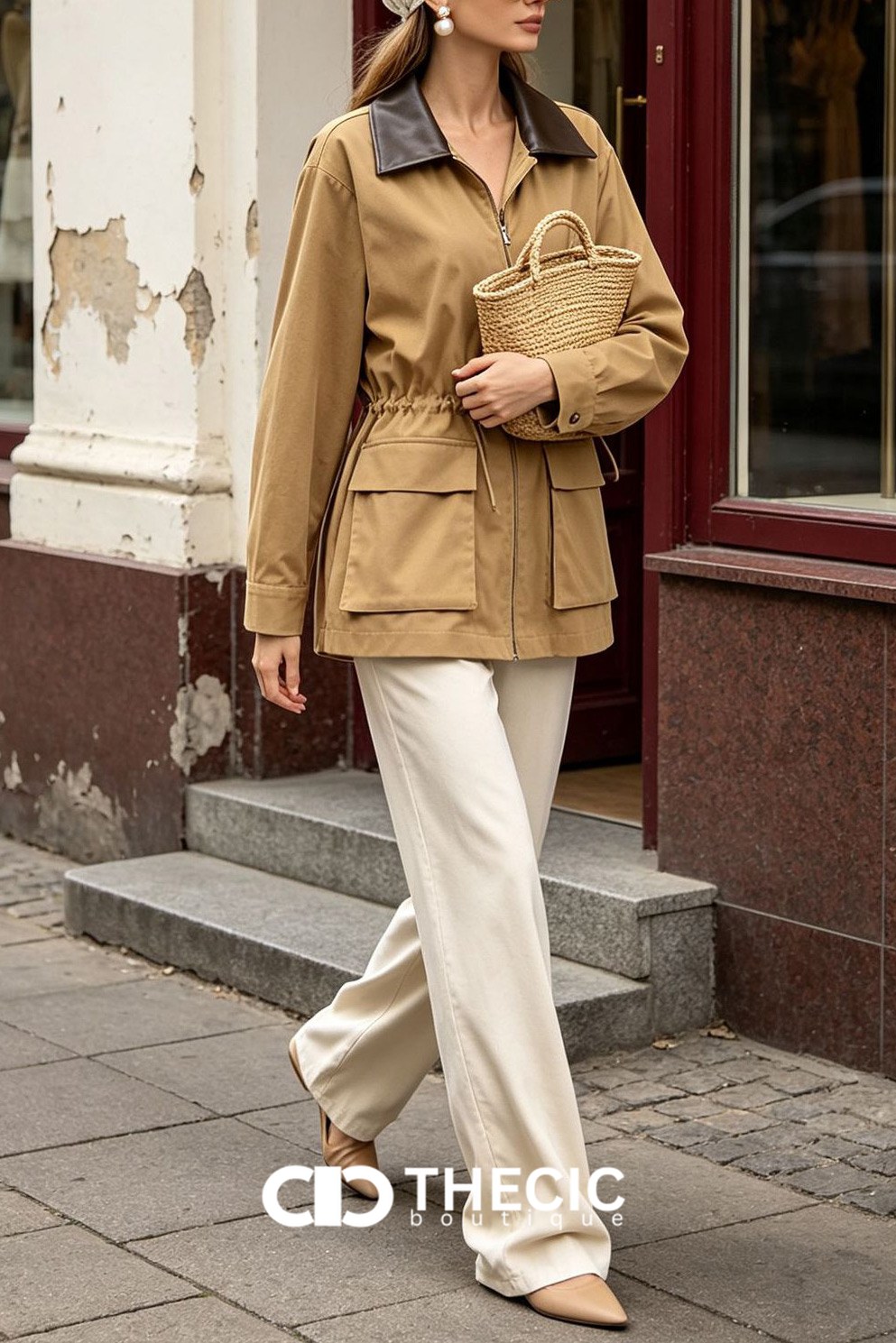 Contrast Collar Drawstring Waist Utility Jacket