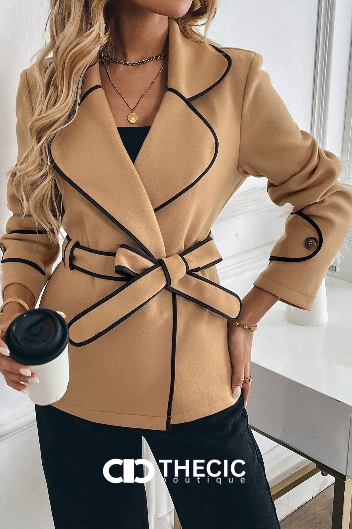 Contrast Piping Belted Lapel Jacket