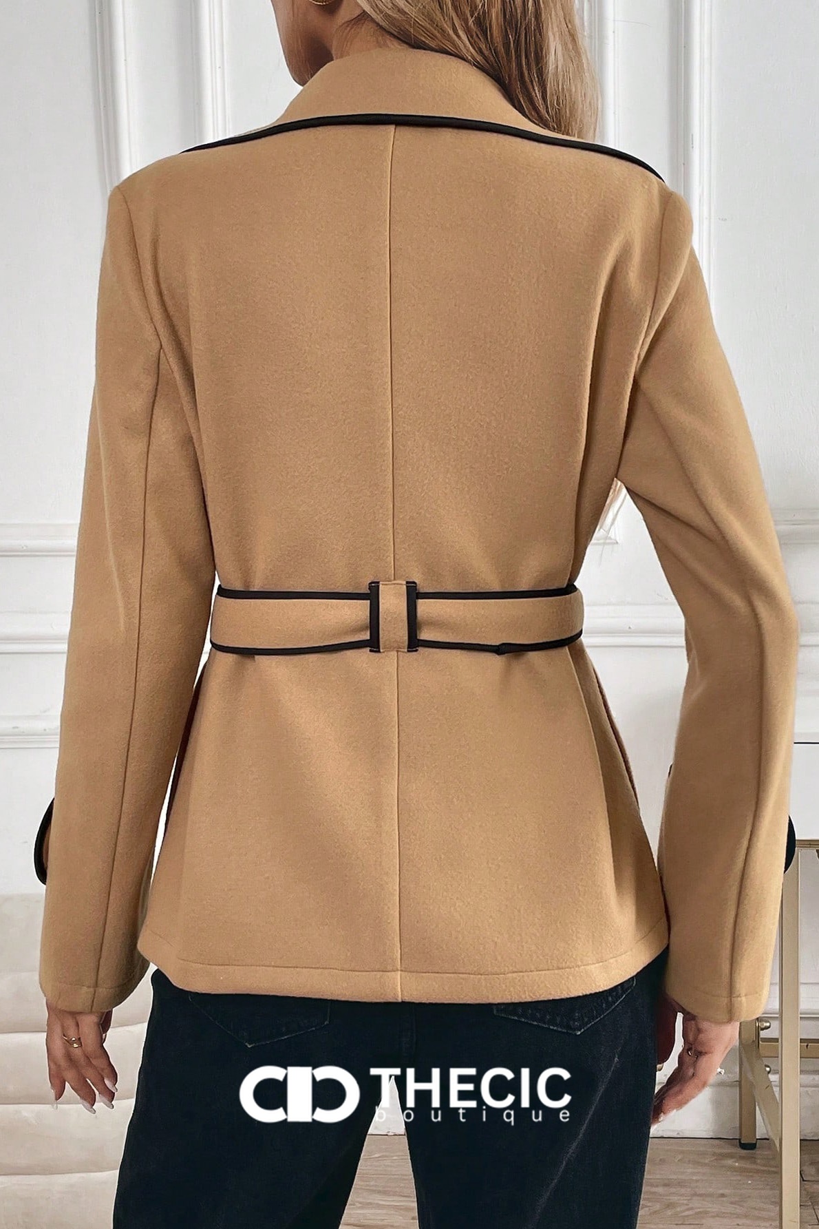 Contrast Piping Belted Lapel Jacket