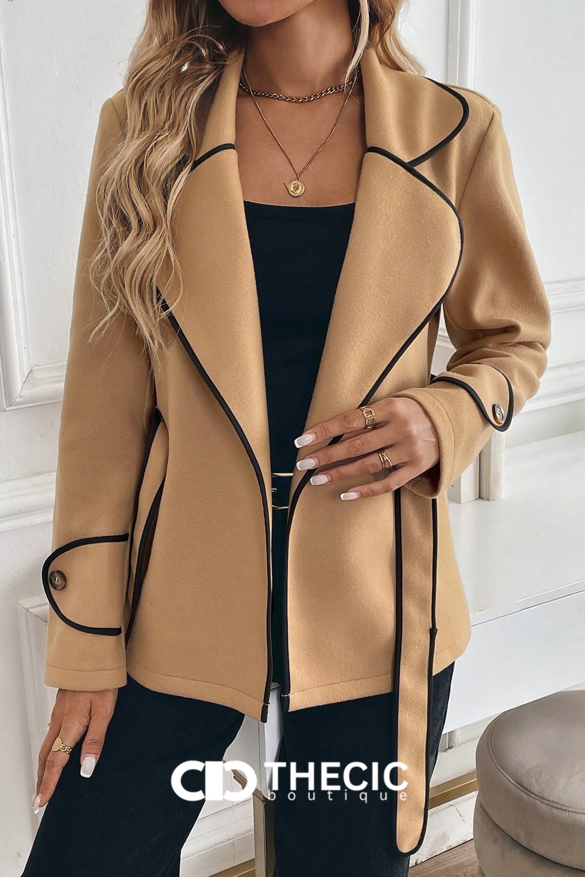 Contrast Piping Belted Lapel Jacket