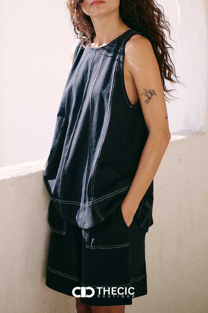 Contrast Stitching Relaxed Sleeveless Top Shorts Set