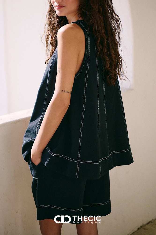 Contrast Stitching Relaxed Sleeveless Top Shorts Set
