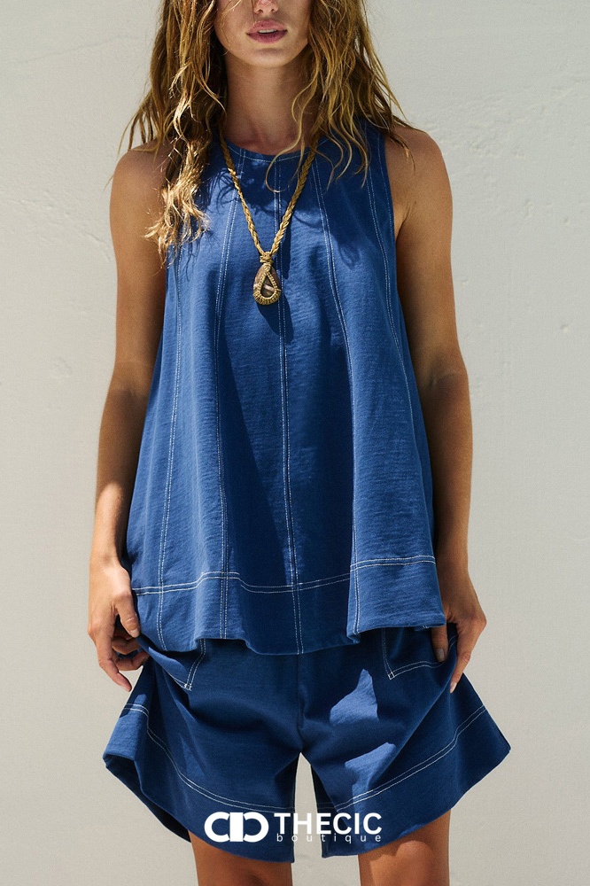 Contrast Stitching Relaxed Sleeveless Top Shorts Set