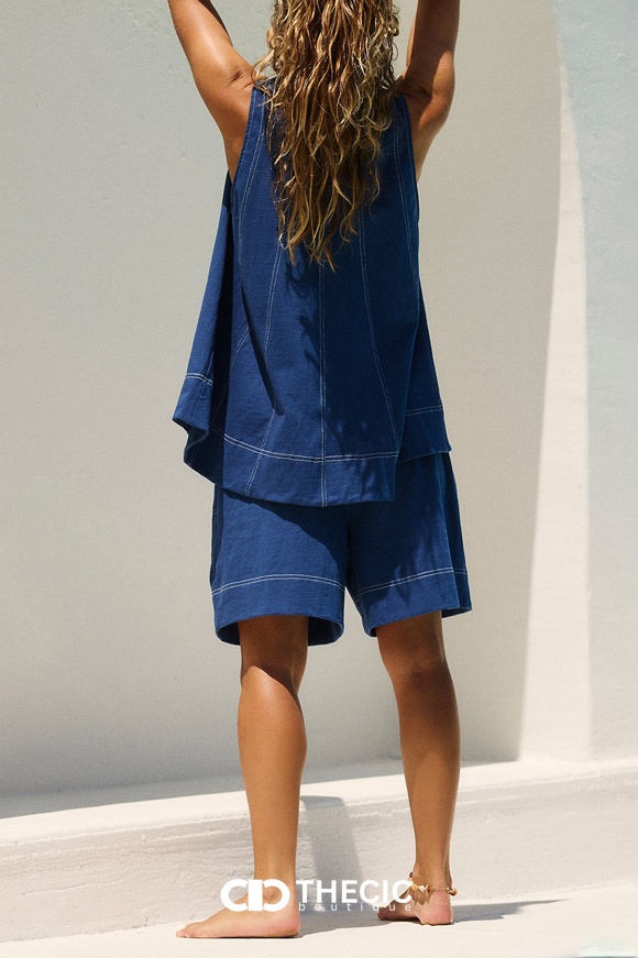 Contrast Stitching Relaxed Sleeveless Top Shorts Set