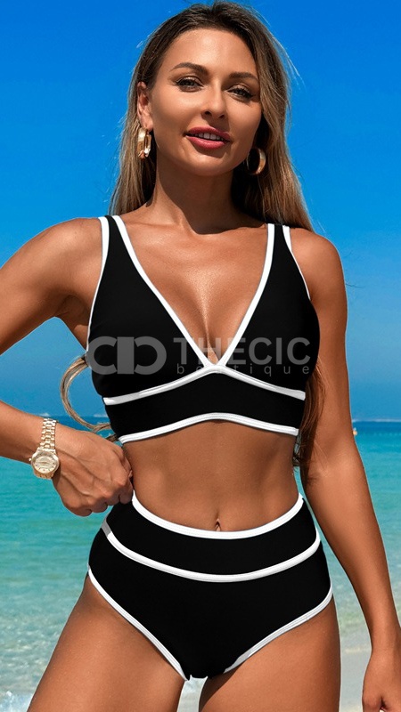 Contrast Trim V-Neck High-Waisted Bikini Set