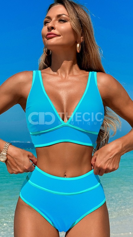 Contrast Trim V-Neck High-Waisted Bikini Set