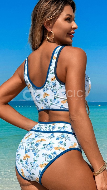 Contrast Trim V-Neck High-Waisted Bikini Set