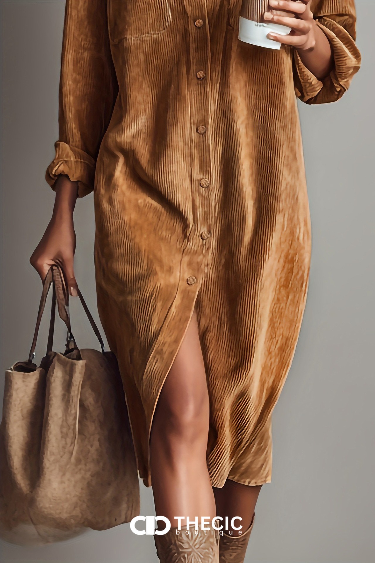 Corduroy Button-Front Midi Shirt Dress