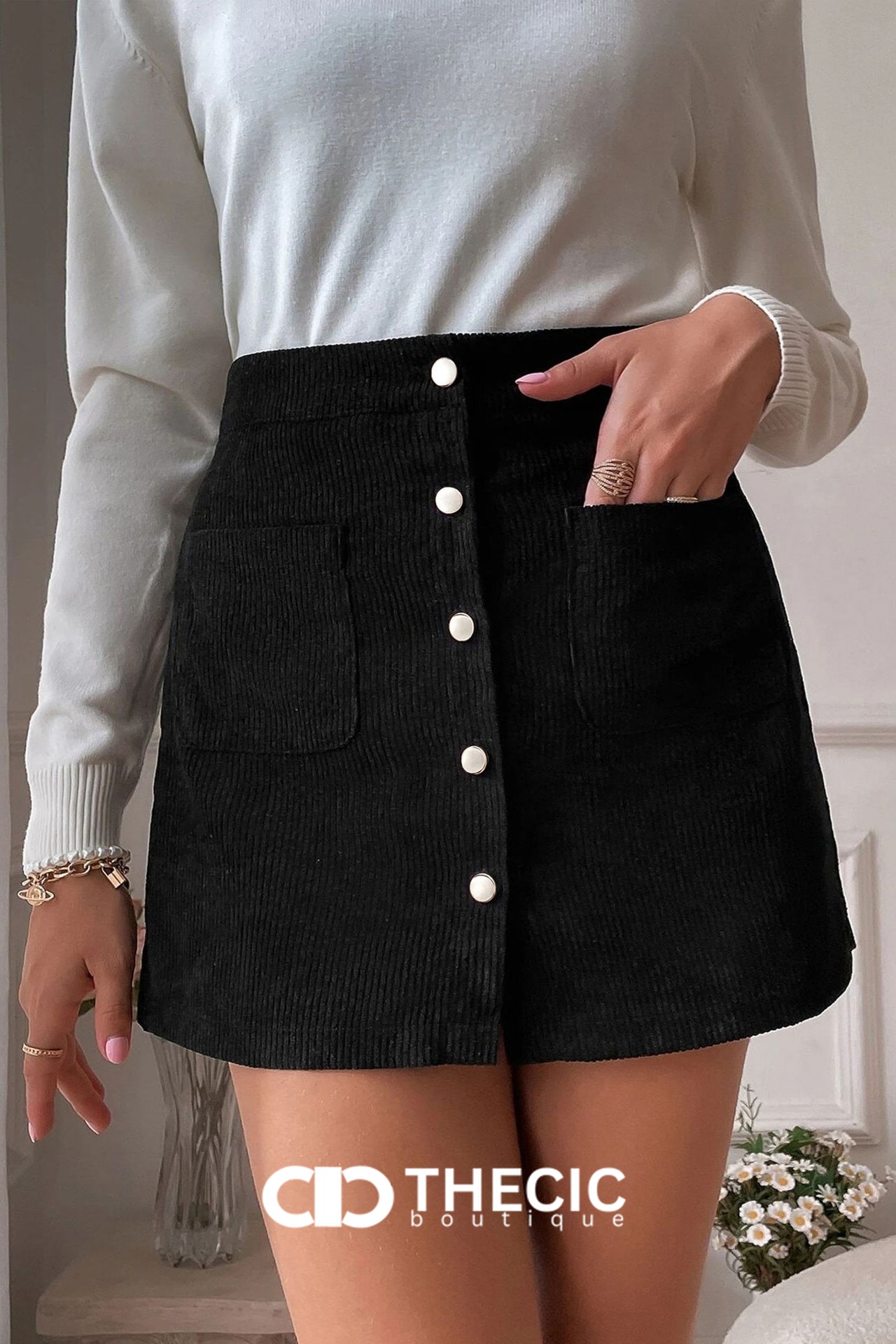 Corduroy Button-Front Patch Pocket Mini Skirt
