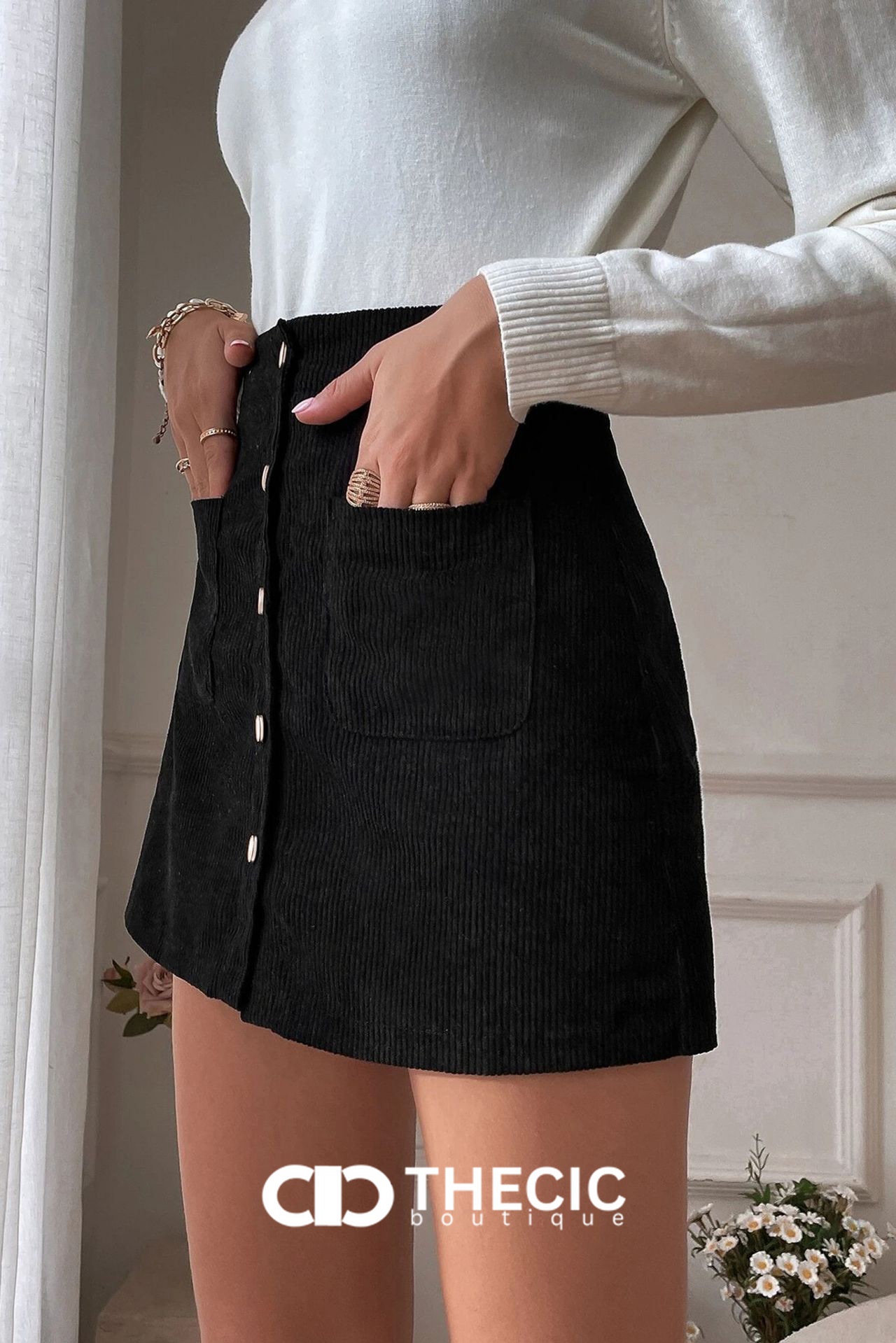 Corduroy Button-Front Patch Pocket Mini Skirt