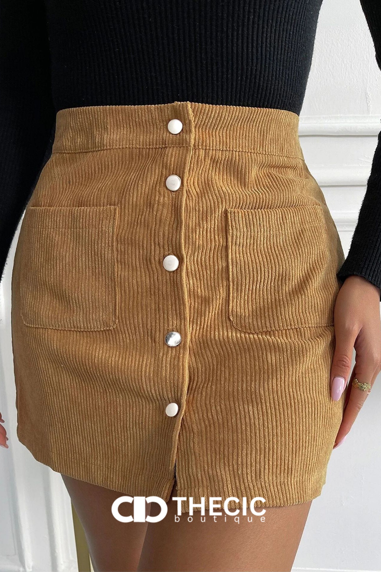Corduroy Button-Front Patch Pocket Mini Skirt