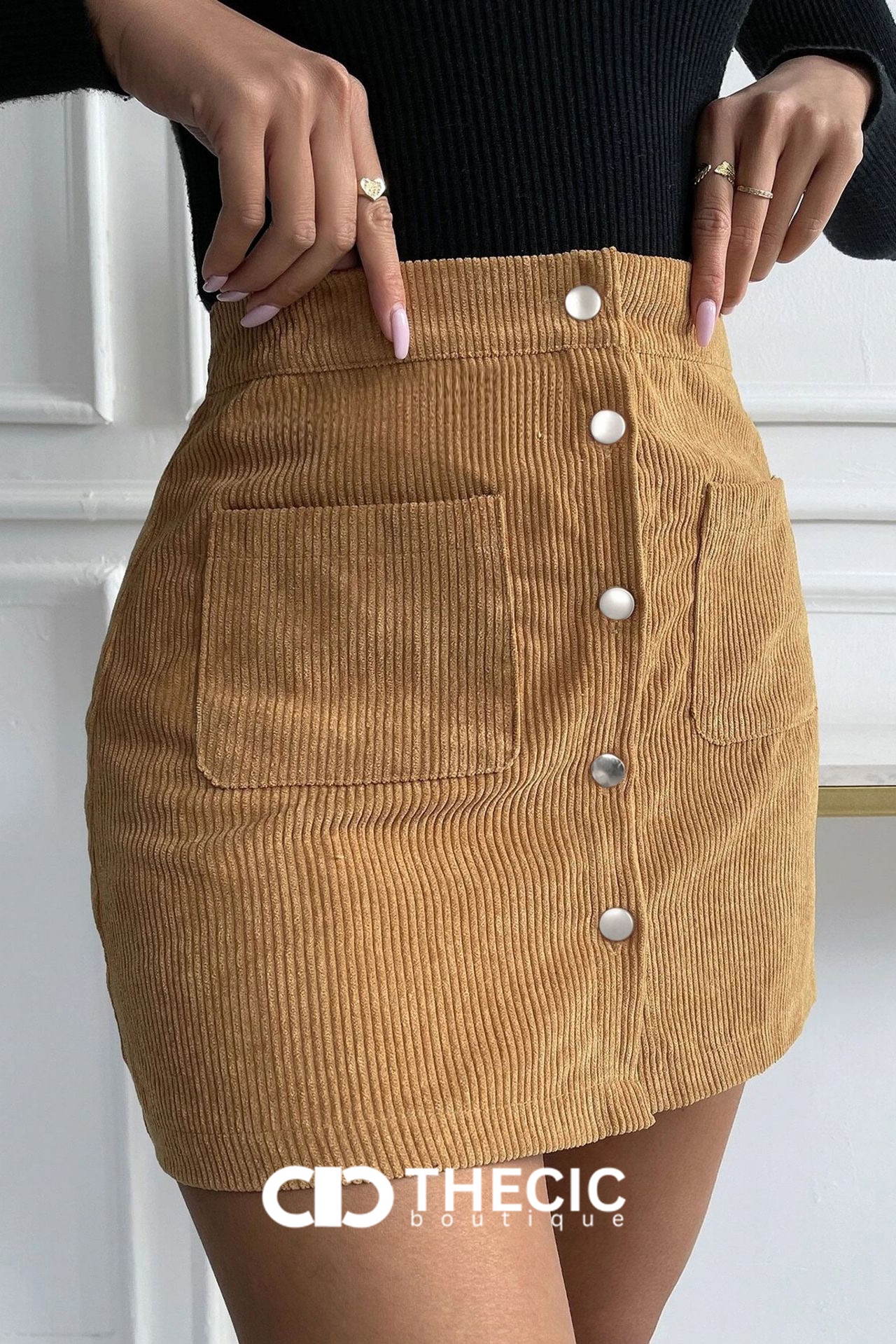 Corduroy Button-Front Patch Pocket Mini Skirt