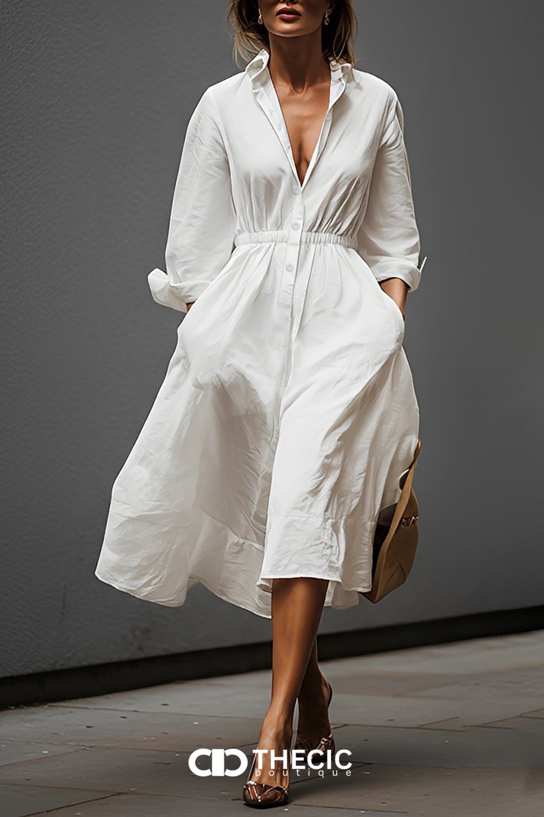 Cotton-Blend Collared Button-Front Midi Shirtdress
