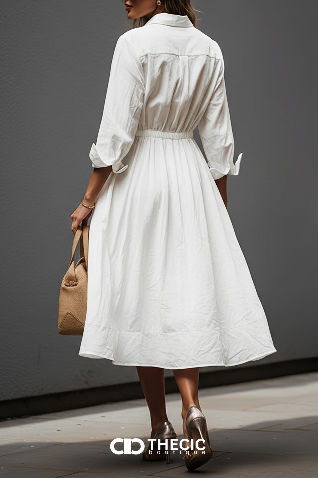 Cotton-Blend Collared Button-Front Midi Shirtdress