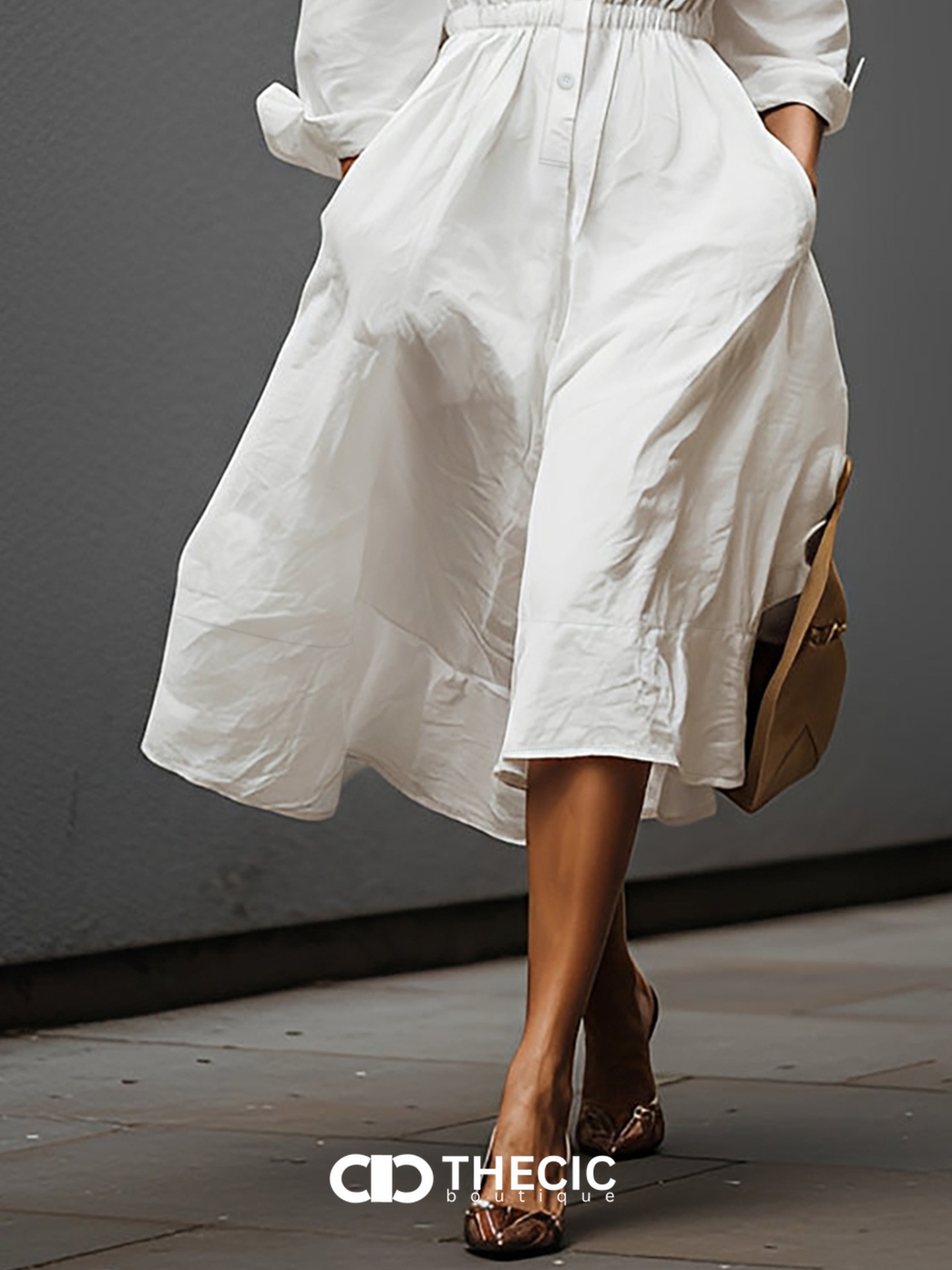 Cotton-Blend Collared Button-Front Midi Shirtdress