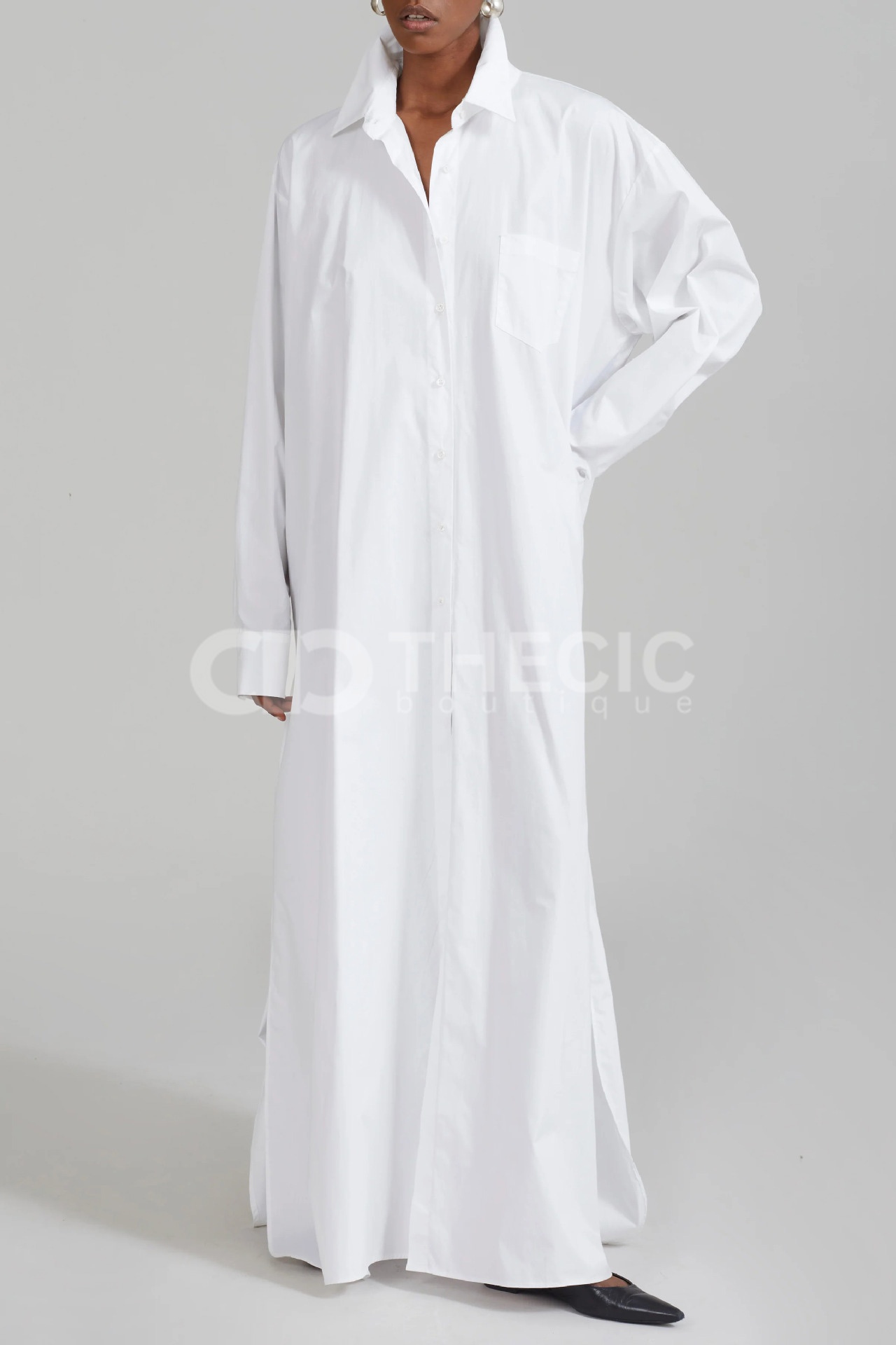 Cotton Oversized Side Slit Maxi Shirt Dress