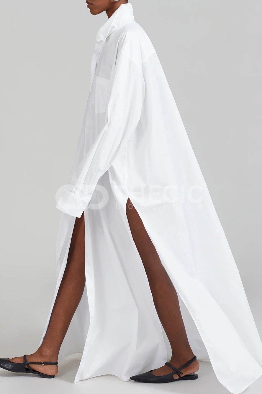 Cotton Oversized Side Slit Maxi Shirt Dress