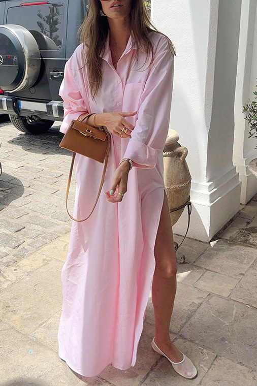 Cotton Oversized Side Slit Maxi Shirt Dress